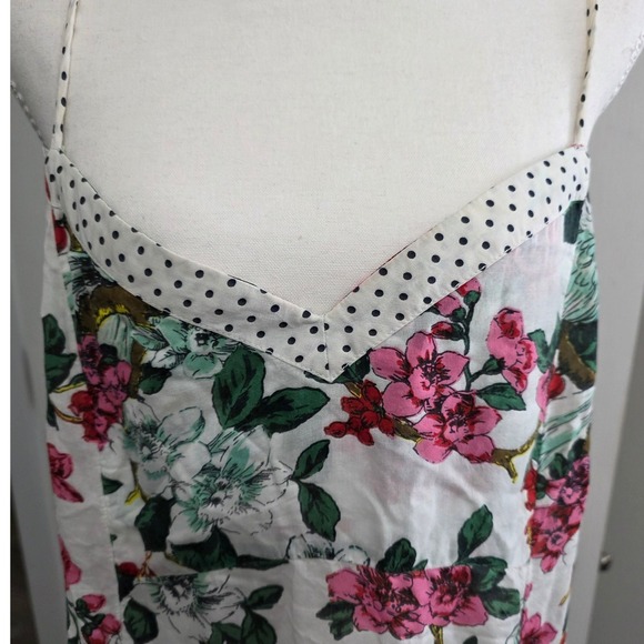 Anthropologie Women Sz L Floral Bird Print Slip Dress White Pink Green Whimsy - Picture 2 of 10